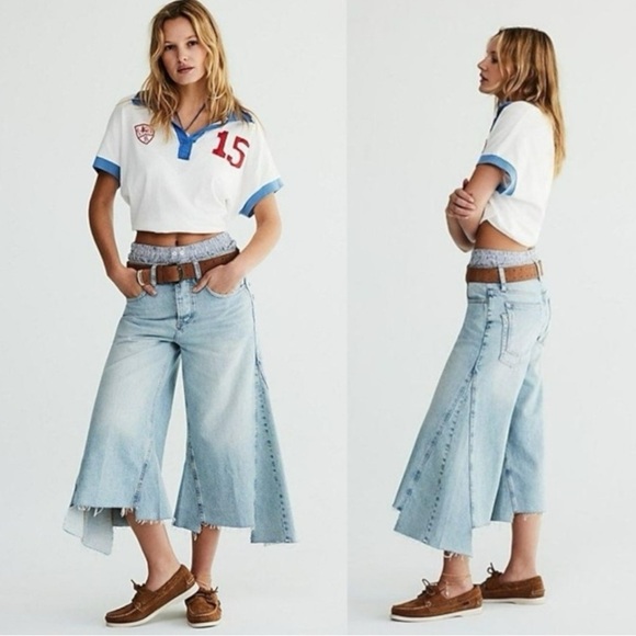 Free People Ripple Wide Leg Crop Jeans Light Wash Size 26 L Culottes Retro 70s - Picture 4 of 15